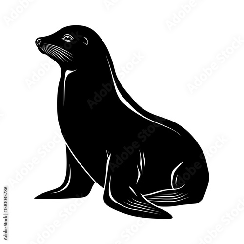A modern illustration depicting the elegant silhouette of a sea lion in a calm state on a white background, associated with sea lion, silhouette, animal, marine, mammal, wildlife, ocean, aquatic,