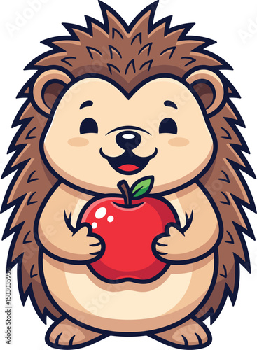 Cute cartoon hedgehog holds a red apple. Animal illustration, adorable character, smiling wildlife, food