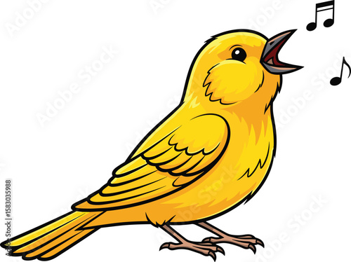 Canary bird singing with musical notes. Colorful illustration of yellow bird vocalizing a song, nature and entertainment.