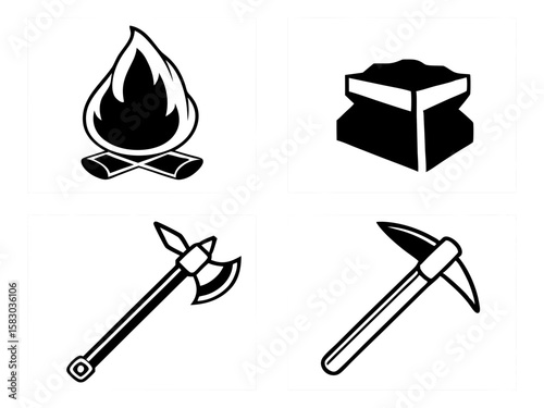 Four icons campfire stone axe and pickaxe