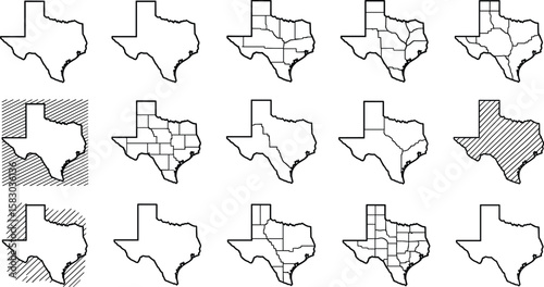 Map of Texas with county variations. Geographical representation, state outline, border design, cartography
