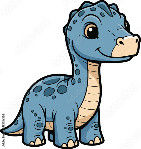 Cute dinosaur stands looking happy and friendly. Cartoon brontosaurus character, prehistoric creature, children's illustration.
