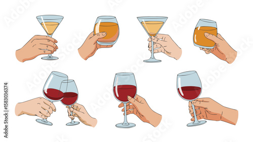 Hands Holding Assorted Wine and Cocktail Glasses Filled with Red, Yellow, and Orange Beverages