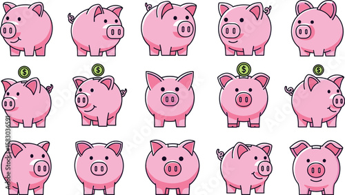 Collection of pink piggy banks in various poses. Financial savings, banking, investment, and money concepts.