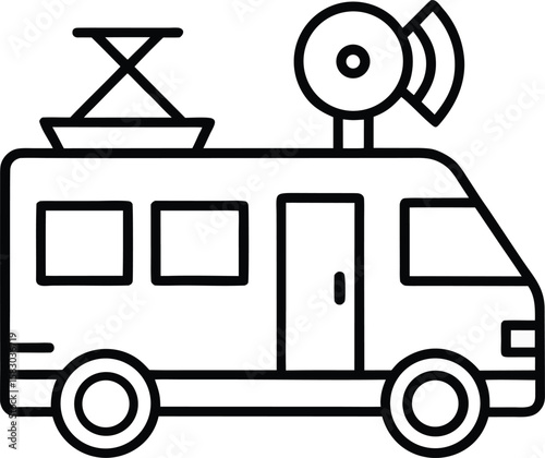 mobile broadcasting van with satellite dish and antenna on white background