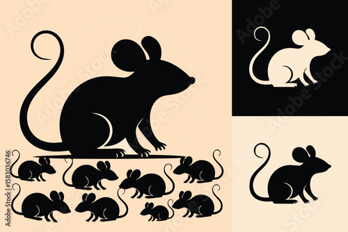 Illustration of Parent Rat with Eight Baby Rats in Black and White Designs