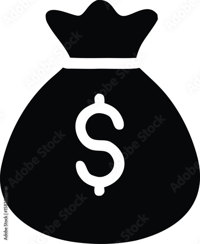 A simple black and white graphic icon representing a money bag with a prominent dollar sign in the center symbolizing wealth and financial gain