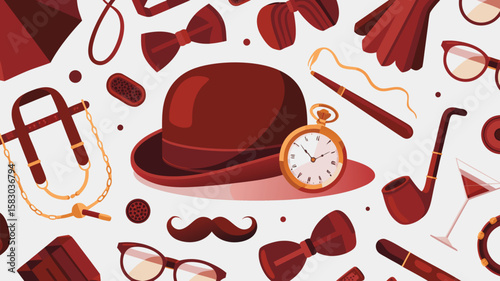 Illustrated Pattern of Bowler Hats, Pocket Watches, Bow Ties, and Other Gentleman's Accessories