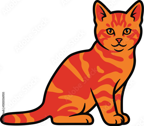Cartoon cat sits looking at camera. Cute animal illustration, pet drawing, domestic feline, friendly character