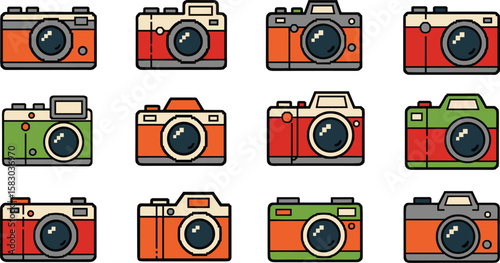 Collection of retro pixel art cameras on blue background. Nostalgic design, vintage style, 8-bit aesthetic.