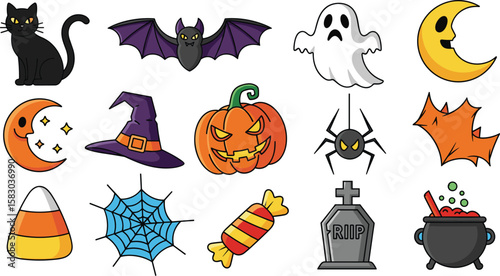 Halloween themed objects arranged against a blue background. Spooky holiday, cartoon elements, celebration, october, witchcraft, festive, decoration, tradition.