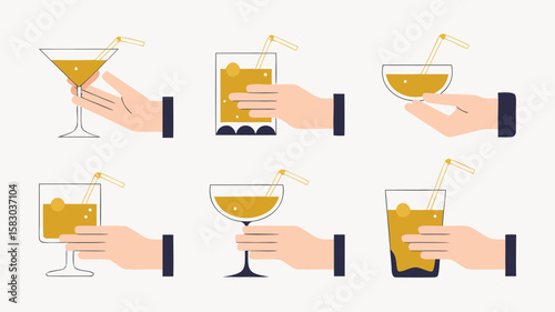 Minimalist Illustration Hands Holding Assorted Glasses with Yellow Liquid and Straws Against a Cream Background
