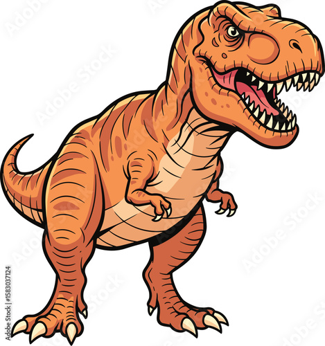 Cartoon dinosaur stands menacingly, mouth open. Illustration of prehistoric reptile, isolated on white.
