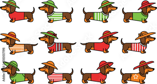 Cartoon dogs wear outfits with summer hats. Cute dachshund illustrations, colorful, fashion, fun, playful.