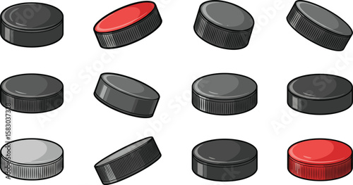 Several pucks are displayed in a grid pattern. Ice hockey equipment, sport, game, objects, collection, surface