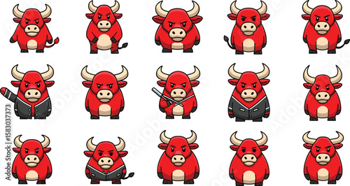 Cartoon red bull character poses in different ways. Mascot illustration, animal character design, comical bovine
