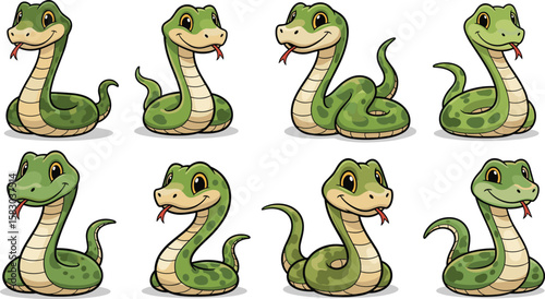 Green cartoon snakes pose with tongues out. Reptile illustration, serpent drawing, animal character, cute mascot