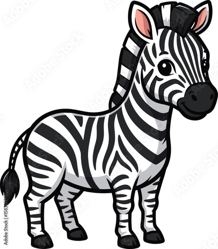 Cartoon zebra stands on white background. Black and white stripes, animal illustration, cute and friendly.