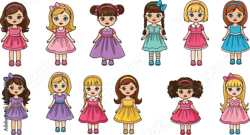 Collection of cartoon dolls in various dresses and hairstyles stand. Childhood, toys, paper doll, play, fashion, cute, pretty, lovely, adorable