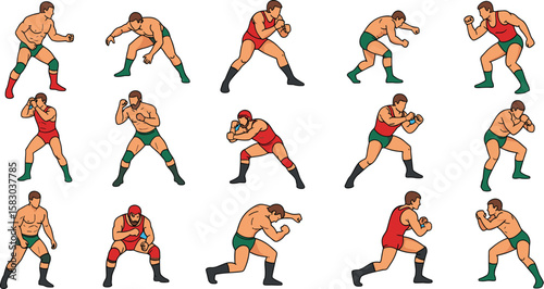 Wrestlers in different fighting stances are depicted. Fighting poses, combat sports, wrestling actions, competition training