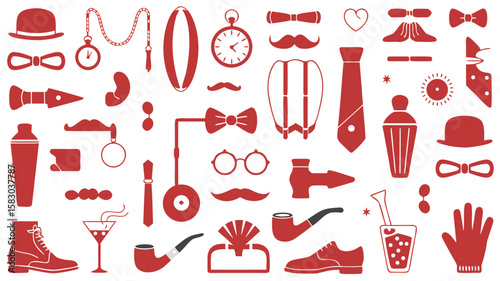 Red Silhouette Set Gentlemens' Accessories, Bow Ties, Hats, Mustache, Cocktails, Smoking Pipes, Boots and Shoes Icons
