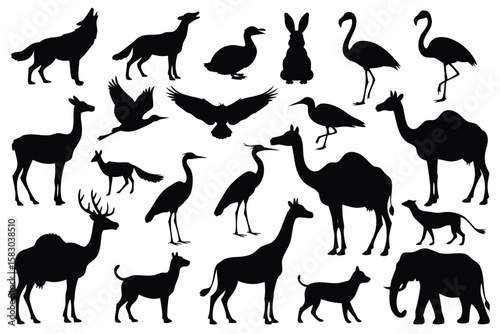 Silhouette Collection Wolves, Birds, Camels, and Various Animals, Featuring Elephant, Giraffe, Deer, and Dogs