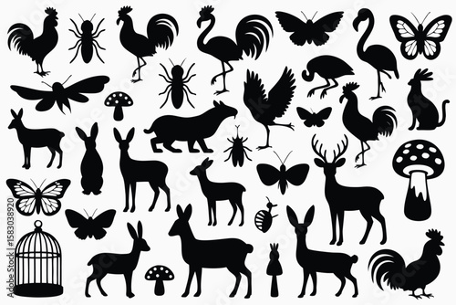 Silhouette Illustration Rooster, Deer, Butterfly, Insect, Birds, Rabbit, Mushrooms, Animal Wildlife, Birdcage Pattern