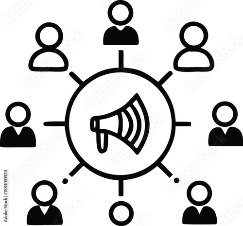 Centralized communication network connecting a group of people with a megaphone symbol at its core