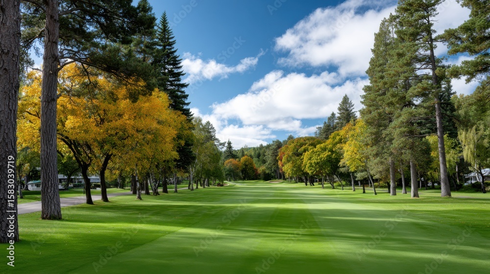 Obraz premium Scenic view of a lush green landscape with trees and a blue sky
