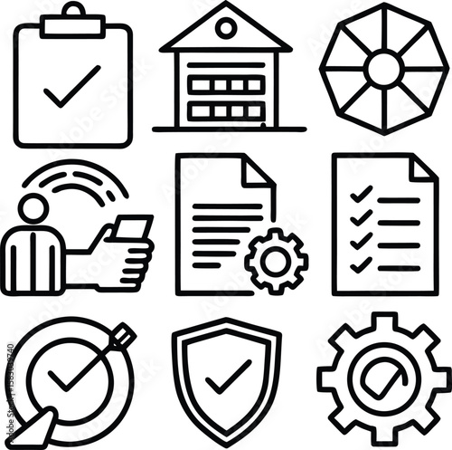Collection of business and technology icons representing tasks security strategy and digital operations with checkmarks and gears