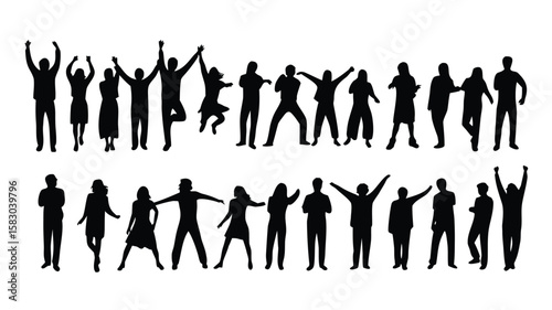 Silhouetted Crowd Diverse Group of People Celebrating, Raising Arms, Dancing, and Cheering on White