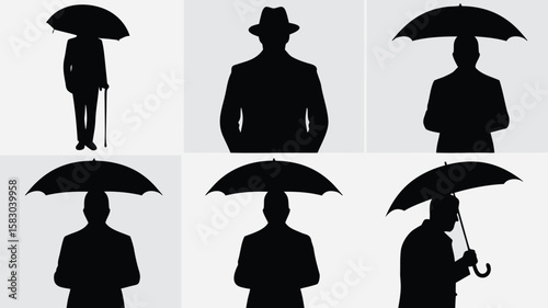 Silhouetted Figures in Suits with Umbrellas and Hats Six Different Views on White Background