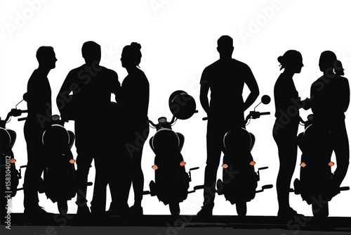 Silhouetted Group of People Standing with Scooters Against a White Background, Tail Light Detail