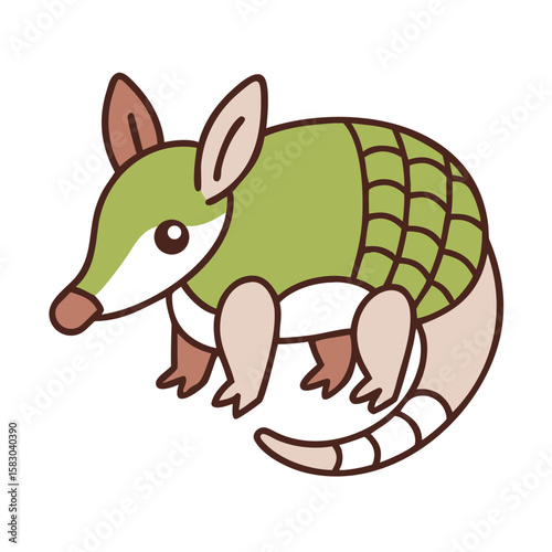 Cartoon armadillo illustration in playful green and brown colors  
