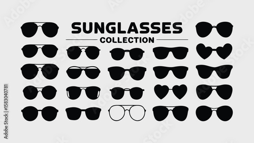 Sunglasses Collection Various Styles and Shapes in Black Silhouettes on Light Background