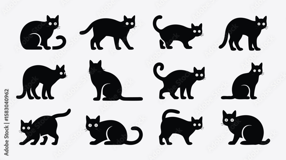 Fototapeta premium Twelve Black Cat Silhouette Illustrations in Various Poses on a Light Gray Background