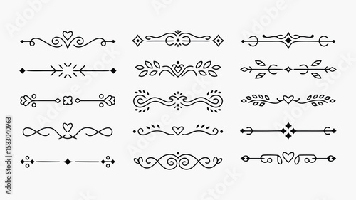 Twelve Black Divider Design Elements with Hearts, Leaves, and Floral Ornaments on Beige Background