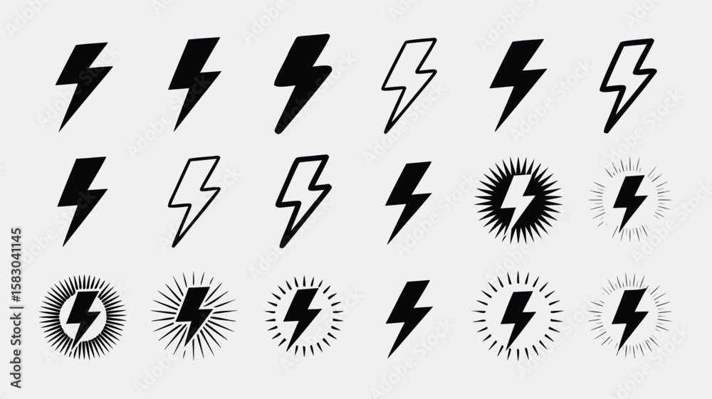 Variety of Black Lightning Bolt Designs with Outlines and Burst Effects Collection