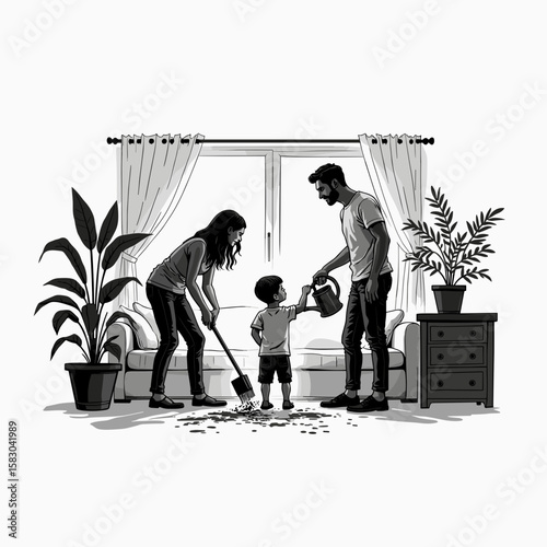 The family works together to clean the living room, Concept of relationships, everyday life 