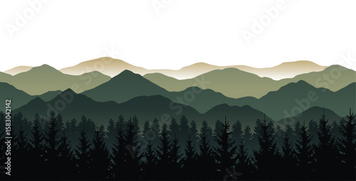 Vector green misty landscape with silhouettes of mountains and forest seamless pattern 