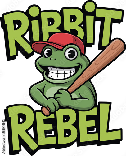 Cartoon frog baseball player with bat and red cap reads ribbit rebel Vector Graphic T Shirt Design