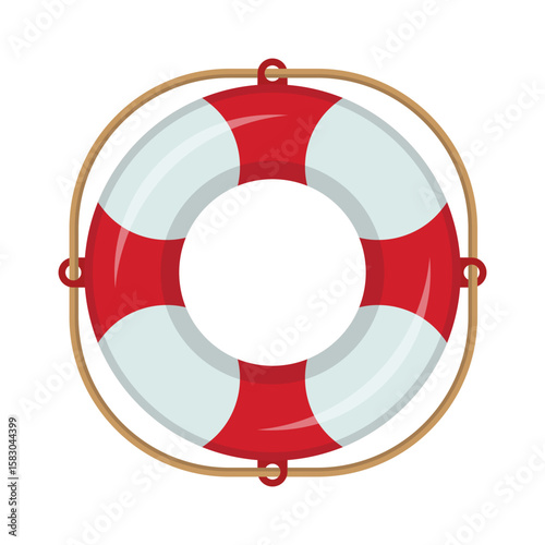 Red White Lifebuoy with Rope Vector Illustration