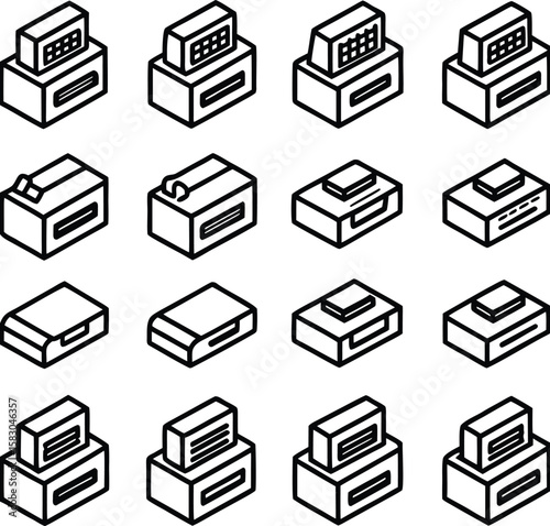 A collection of isometric line art icons depicting various types of cash registers and point of sale devices