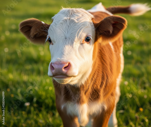 Beautiful close-up portrait of a young calf with striking white and brown fur, standing in a vibrant green pasture bathed in warm, golden hour sunlight