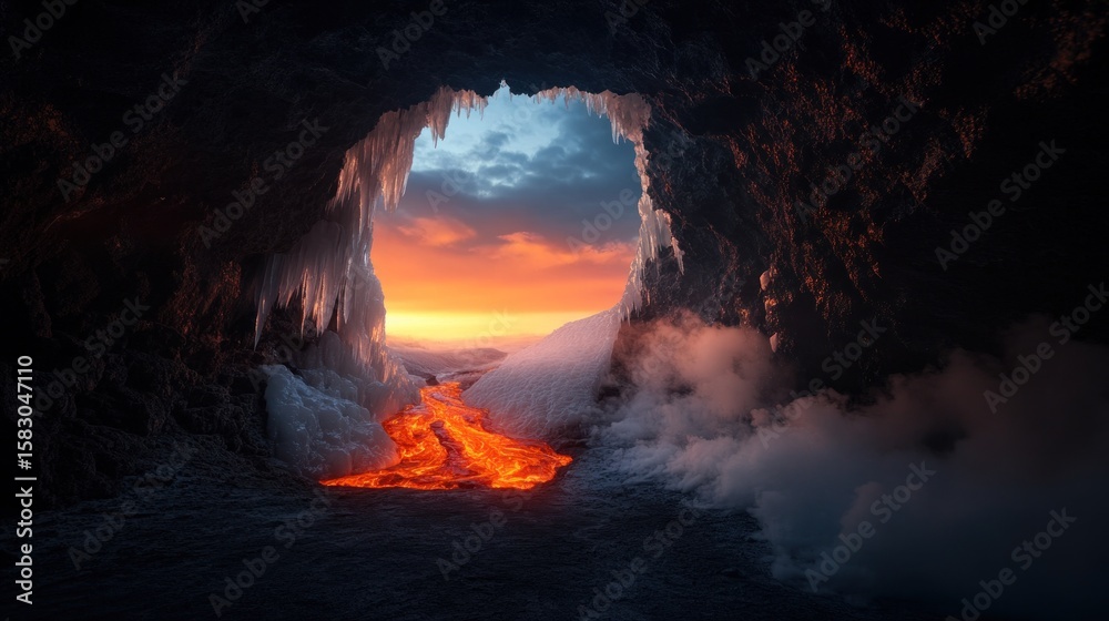 Fototapeta premium Photo of a dramatic sunset illuminates a lava flow emerging from an icy cave, creating a stunning contrast of fire and ice in a remote and mysterious landscape