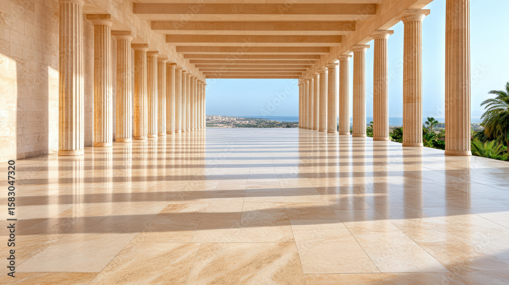 Fototapeta premium Majestic colonnade with sunlight casting shadows on polished floor, overlooking serene landscape