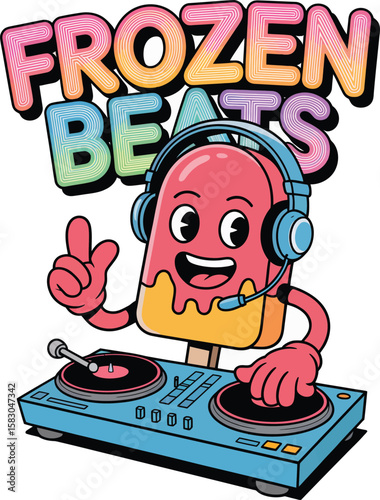 Cartoon popsicle character dj with headphones and turntables playing music at a party Vector Graphic T Shirt Design