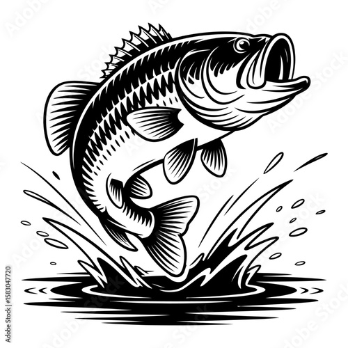 Powerful Bass Fish Jumping Out of Water, vector illustration 