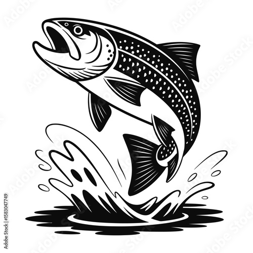Powerful Trout Jumping Out of Water in a Dramatic Pose, vector illustration 