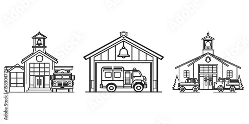 Fire Station And Emergency Vehicles Set. Firefighting And Rescue Services Collection. Isolated Vector Illustration